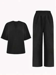 Women's Casual V-Neck Short Sleeve Top + Wide Leg Pants 2-Piece Set, Loose Fit Solid Color Loungewear Outfit, Suitable For Summer - Black - View 8