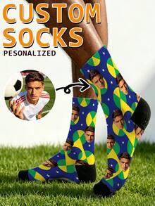 1 Pair Customized Face Photo Printed World Cup Funny Socks, Customized Photo Printed Socks, Football Fan Men's Customized Gift Socks - Multicolor - View 2