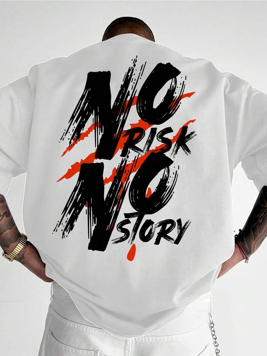 Vintage Streetwear Graphic T-Shirt For Men, Risk-Free, No-Nonsense - Bold Letter Print - Summer Tops - 白色 - 查看 1