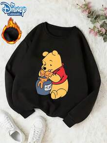Start Plus Size Women's Autumn/Winter Fun "Disney Winnie The Pooh Eating Honey" Pattern Printed Street Y2k Clothing Black Large Round Neck Fall Casual - Black - View 2