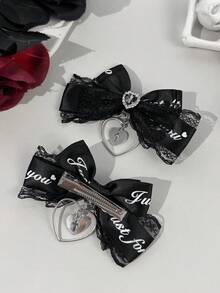 2pcs/Set Women's Lace Letter Ribbon Dark Color Gothic Style Heart & Cross Hair Clips, Suitable For Holiday Dress-Up And Daily Wear For Gothic Lovers - Multicolor - View 7