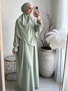 柔軟布料 Khimar 長袍套裝，寬鬆大尺碼長袖保守全身長洋裝，適合中東女性日常街頭穿著 - 彩色 - 查看 3