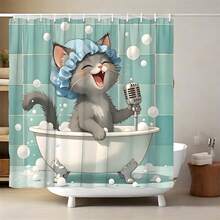 1 pieza Cortina de ducha con diseño de gato de dibujos animados, tela de poliéster duradera, impermeable, sin perforación, fácil instalación, adecuada para el hogar, hotel, vacaciones, regalo para amantes de los gatos, juego de cortina de ducha para baño, incluye 12 ganchos, patrón de gato McBa cantando - Multicolor - Ver 5