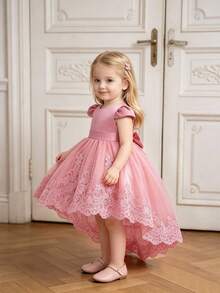 Baby Girls' Satin & Tulle Trailing Puff Dress With Bow Back, Elegant & For Birthday Party, Excluding Headband - Dusty Pink - View 4