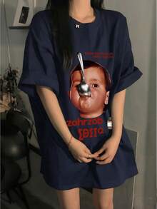 女款圓領短袖T恤，夏季新款人像圖案與字母印花，時尚休閒百搭寬鬆上衣 - 藏藍 - 查看 9