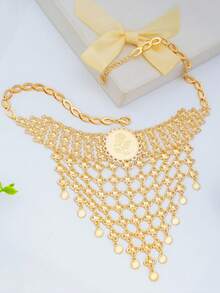 3pcs/Set Retro Coin, Tassel, Geometric & Rose Flower Pattern Charm, 18K Gold Plated, European & American Dubai Style Necklace + Earrings, Elegant Wedding Bridal Jewelry Gift Set For Mom, Sister, Valentine's Day Valentines,Mom,Mother,Mother's Day,Gift - Gold - View 6