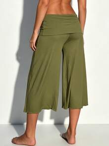 Fold Over Wide Leg Capri Pants For Women Low Rise Yoga Flare Culottes Y2k Flowy Crop Palazzo Gaucho Pants Summer Beach Bottom - 軍綠色 - 查看 2