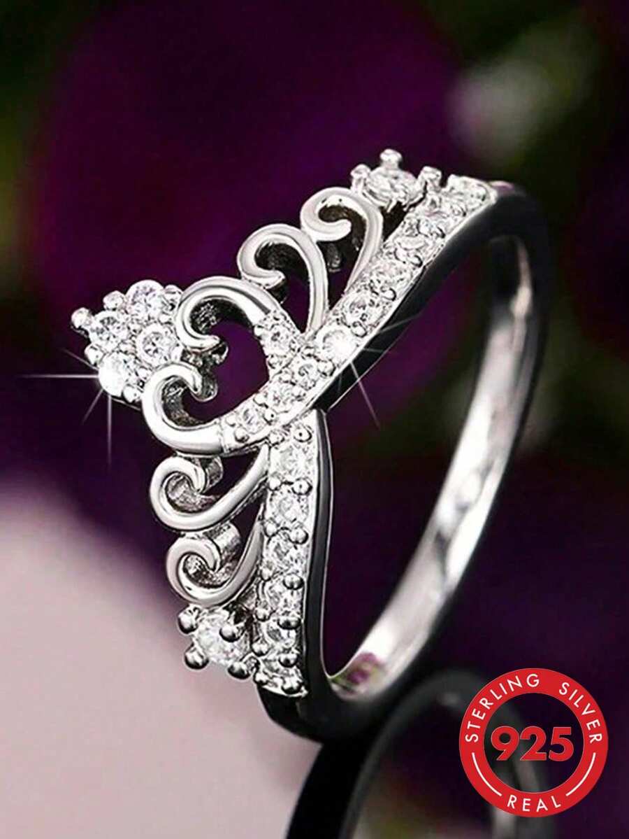 925纯银经典奢华皇冠形钻石订婚戒指 - 白色 - 查看 1