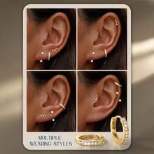 3 Pairs Hypoallergenic Earrings For Women 14K Gold Plated Stud Hoop Cartilage Earrings Set Small Earring Stacks For Sensitive Ears - Silver - View 4