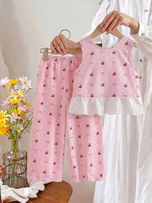 2pcs/Set Setelan Anak Perempuan Manis dan Imut dengan Atasan Camisole Berhiaskan Pita dan Renda, Celana Bergaris Pink Putih, Musim Panas - MultiWarna - View 2