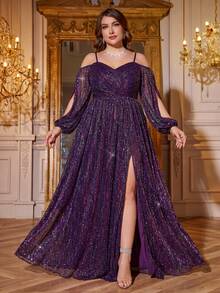 UNITHORSE Sequin Embellished V-Neck Long Sleeve Slit Evening Party Dress - Purple - View 1