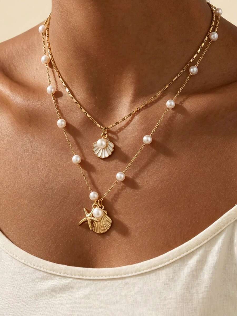 2 Styles Hot-Selling Ocean Pearl Chain Bone Chain Starfish Shell Pendant Multi-Layer Stackable Necklace Jewelry - Seashell Starfish - View 1