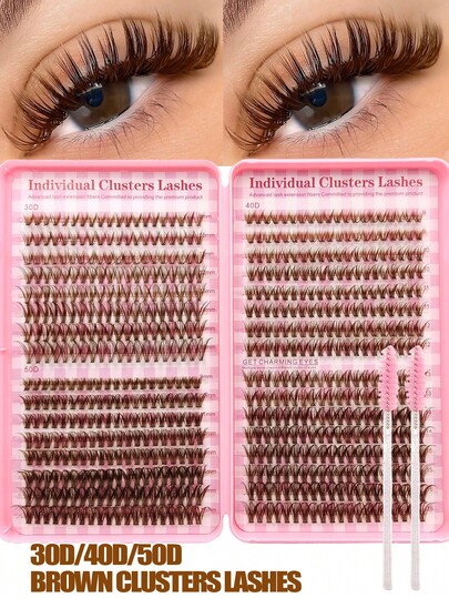 Asiteo 640pcs Clusters Eyelashes,Brown Lashes,D-Curl Soft Wispy Fluffy And Lightweight Segmented False Lashes 30D+40D+50D,With 2pcs Lash Brushes, For Daily,Travel,Party,Gifts