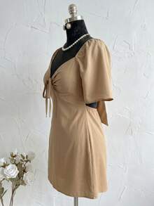 Plus Size Short Princess Dress, Loose Fit, With Gathered Neckline And Short Sleeves, Elegant, Sizes 46 To 56 - Beige - View 4