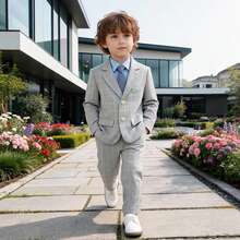3pcs Young Boy's Suit Set (Jacket + Pants + Tie), Formal Outfit For Piano Performance, Wedding, Ceremony - Grey - View 2