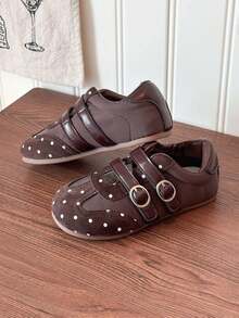 1 par de zapatos de caminar para bebé y niña pequeña con lunares vintage transpirables, zapatillas deportivas de suela blanda antideslizantes, versátiles y de moda para uso casual al aire libre y correr, zapatos de entrenamiento de suela plana para estudiantes en el campus, adecuados para primavera, verano y otoño - Marrón - Ver 3