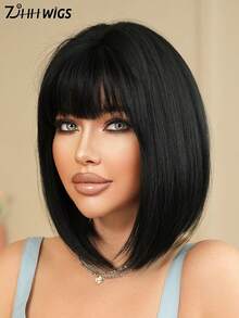 7JHH WIGS 女款自然黑色短波波瀏海假髮 12英吋直髮合成纖維假髮,免膠水耐熱纖維,逼真輕量,適合日常與派對穿戴 - 黑色 - 查看 5