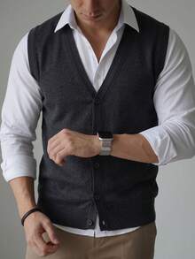 1pc Button V-Neck Cardigan Sweater Vest For Men - Black - View 1