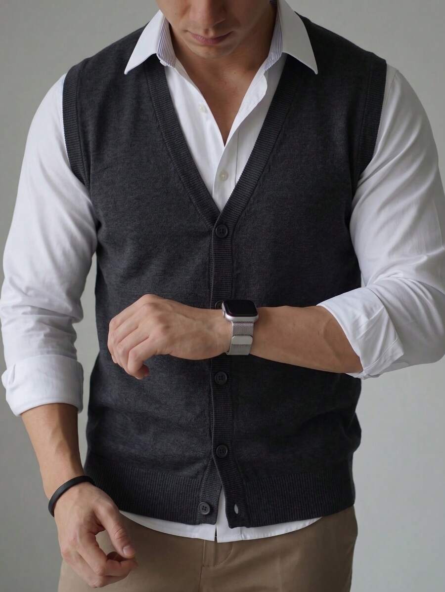 1pc Button V-Neck Cardigan Sweater Vest For Men - Black - View 1
