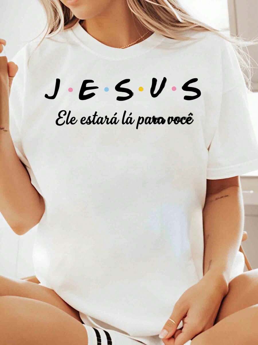 Jesus Ele estará lá para você, estampa inspiradora com estilo casual, ideal para uso diário e estações quentes, perfeito como presente para amigos e familiares crentes - Branco - Visão 1