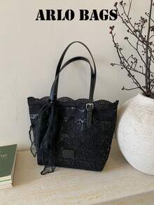 Black Floral Lace Tote Bag, Full-Body Hollow Floral Lace With Matching Lace Bow Charm, Wavy Scalloped Edge Design, Large Capacity Suitable For Students' Daily Classes And Commuting, Young Women's Weekend Shopping, Short Trips, And Gentle Casual Dates - Black - View 2