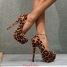 16cm Women's Leopard Print Ultra High Heel Round Toe Single Strap Pumps, Sexy And Elegant Ultra High Heel Design, Party Dress Shoes - Brown - View 4