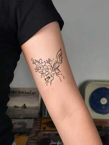1 Sheet Minimalist Thin Line Floral Half Butterfly Tattoo Sticker, Waterproof Simple Outline Spliced Wing Fake Tattoo, Soft Ins Aesthetic Body Art Decal For Girls Upper Arm Forearm - Black - View 3