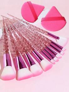 12pcs:10Pcs Pink Glitter Spiral Unicorn Makeup Brush Set With 2Pcs Triangle Powder Puff, Soft Gradient Bristles Foundation Blush Eyeshadow Concealer Brushes, Complete Cosmetic Tools Kit For Beginners & Makeup Lovers - Hot Pink - View 3