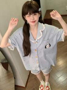 2 piezas/Set Conjunto de pijama para mujer, cuello de solapa abierto con estampado de cachorro lindo y bolsillo delantero, manga corta y shorts simples, cómodo para usar en casa - Azul - Ver 3