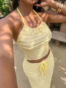 DOUCIU 2pcs Solid Color Halter Top & High Waist Maxi Skirt Sets Daily Island Vacation Style - Yellow - View 4