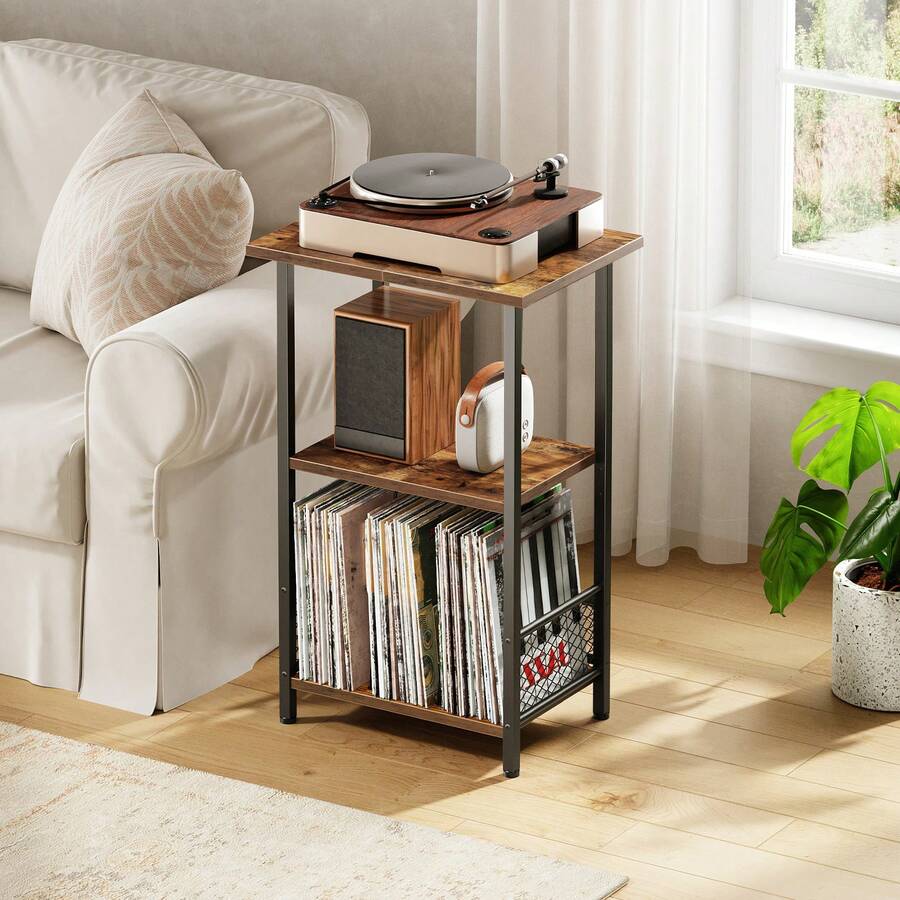 Record Player Stand, Turntable Stand Up To 100 Albums, 3-Tier Album Vinyl Record Storage Rack With Dividers, End Table, For Living Room, Bedroom, Rustic Brown And Black - Brown - View 1