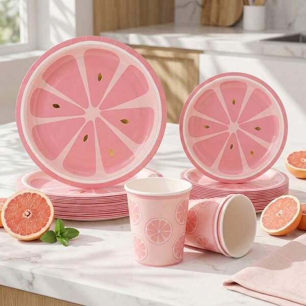 10/20/30/60pcs Summer Green Lime Slice Disposable Paper Party Plate & Cup Set, Bright Pink Lime Slice Round Dinner & Dessert Plates 7" And 9", Lime Slice Printed Paper Cup Combo, Suitable For Bridal Luncheon, Baby Shower, Pool Party Celebration