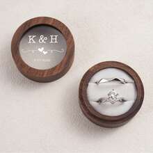 MerexSync 1pc Personalized Round Walnut Wood Ring Box With Transparent Window, Customized Laser Engraved Initials And Date, Wedding Proposal Engagement Anniversary Gift Wooden Ring Box, Wedding, Wedding Accessories, Wedding Ring Box, Souvenir, Wedding Decoration, Bride, Groom, Ring Box, Wooden Ring Box - Multicolor - View 4