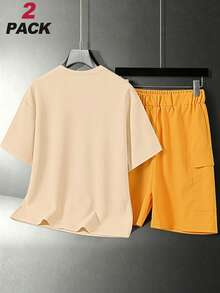 2 Packs Gamer Street Teen Boys Matching Set, Splatter Sketch Game Controller Print Tee & Cargo Shorts, Soft Summer Street Outfit - Apricot - View 2