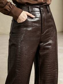ALIAO Autumn/Winter Crocodile Embossed PU Leather High-Waist Wide-Leg Pants, Fashionable Retro Versatile Women's Clothing - Coffee Brown - View 4