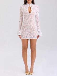 Elegant Semi-Sheer Knit Mock Neck Fitted Tank Top Ruched Party Banquet Dress - White - View 5