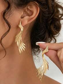 1 par de pendientes de botón asimétricos geométricos estilo europeo & americano para mujer - Amarillo Oro - Ver 2