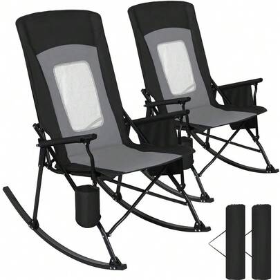 2 Pack Rocking Camping Chair For Adult 400LBS Capacity, Heavy Duty Folding Rocking Chairs, Portable Outdoor Rocker With High Ba