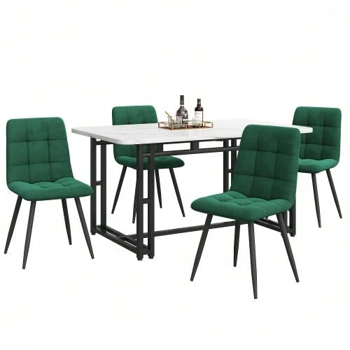 140x80cm Black Dining Table With 4 Chairs Set, Modern Kitchen Dining Table Set, Dark Green Velvet Dining Chairs, Black Iron Leg Table - Green - View 1