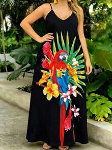 Women's Plus Size Summer Parrot Print Sleeveless Camisole Dress, Gradient Color Backless With Slit Elegant Black Vacation Party - Black - View 3