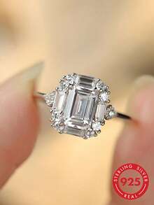 925 Sterling Silver 4-Prong Rectangular High-End Fashion Zirconia Lady Ring, Engagement/Bridal Ring For Girlfriend - White - View 1