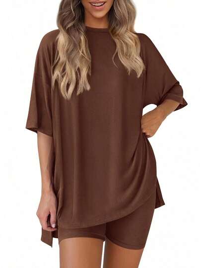 2-Piece Summer Loungewear Set, Oversized Short-Sleeve Top & Elastic Waist Biker Shorts, Casual Loose-Fit Breathable Women's Sleepwear & Homewear