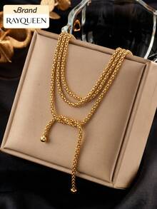 RAYQUEEN 1pc Stainless Steel Metal Long Layered Chain Gold Necklace, Women's Fashion Neck Chain, Waterproof Jewelry Gift For Women - Gold - View 6
