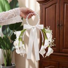 Wedding Bride Accessories, White Calla Lily Bridal Bouquet With Large Pearl Handle And White Ribbon Bow, Corsage - Multicolor - View 7