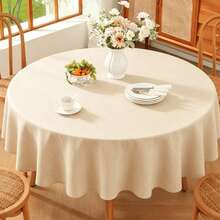 Mantel redondo ZSSWSS de 140/160 cm de diámetro, repelente al agua con textura de lino, resistente a las manchas, lavable, mantel de lino, mantel redondo para exteriores resistente a la intemperie. - Beis - Ver 1