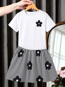 Girls' Summer Patchwork A-Line Dress With 3D Flower Decor Top And Striped Floral Print Skirt - White - View 1