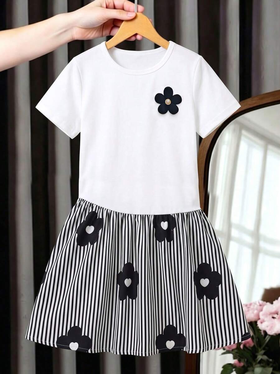 Girls' Summer Patchwork A-Line Dress With 3D Flower Decor Top And Striped Floral Print Skirt - White - View 1