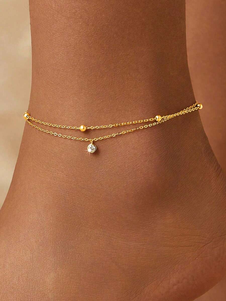 1pc Multi-Layer French Style Delicate Women's Anklet, Stainless Steel Material With Artificial Rhinestone Beaded Chain, Women's Daily Beach Vacation Layered Accessory Jewelry Gift (Random Number Of Beads) - Yellow Gold - View 1