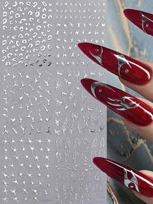 6 Blatt 3D metallische Linien Nagelaufkleber abstrakte silberne Dornen Ranke Kurve Streifen Linien Wirbel Stern Leopard Slider Maniküre Klebe Nagelkunst Aufkleber DIY Y2K Nagelkunst Dekorationen - Silber - Übersicht 4
