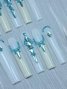 CrystalHola 10 Pcs Handmade Coffin-Shaped Nails, Y2K Style, Perfect For Summer Vacations, Graduation Season, The World Cup, And Independence Day. White & Blue With Rhinestones And French Tip Nails. Fits Parties, Weddings, And Wear Daily.A Great Gift For Girls Handmade Press On Nails - Multicolor - View 3